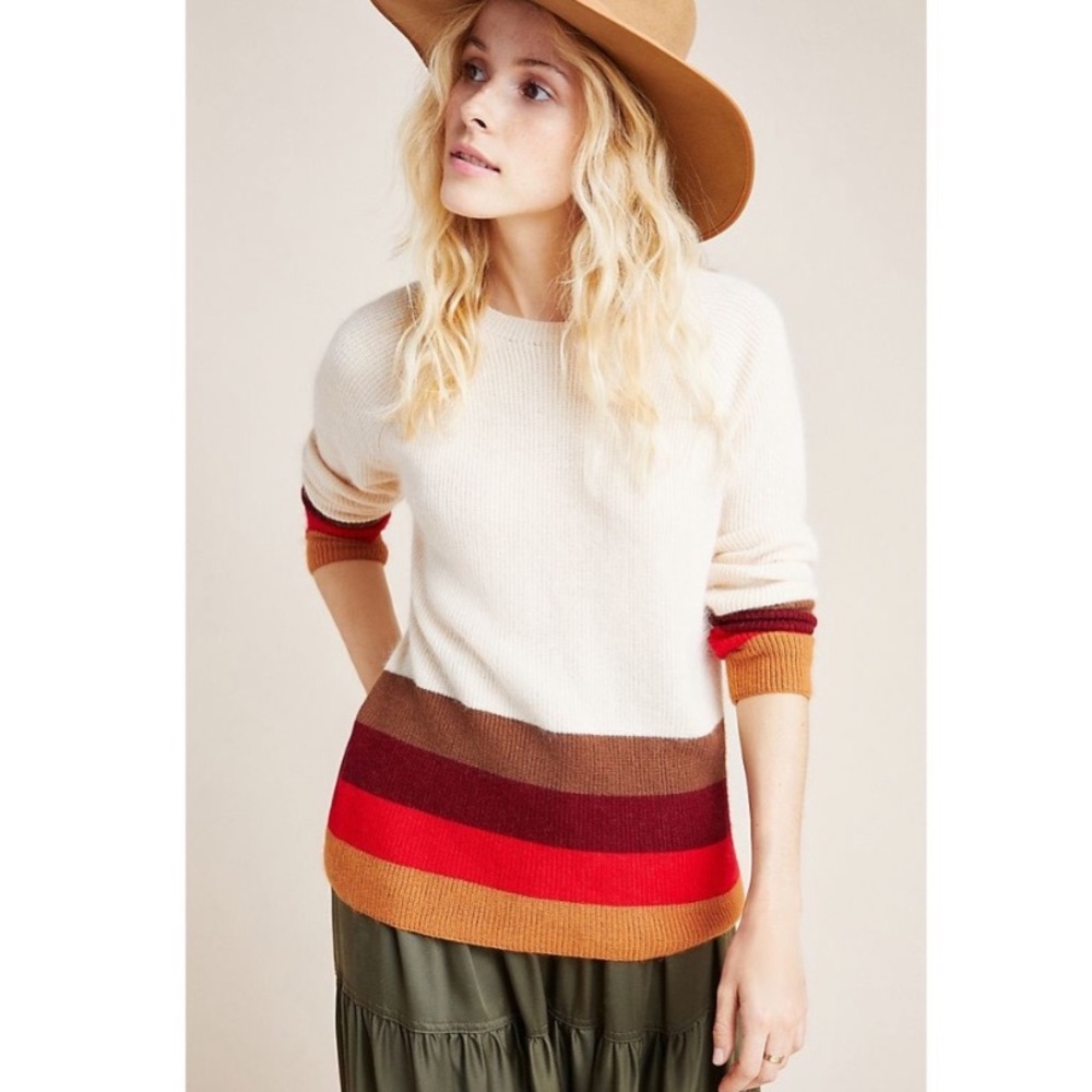 anthro | stellah carter sweater retro stripe pullover cream red brown l